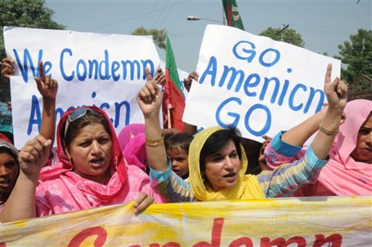 People rally against the U.S. in Multan, Pakistan, Wednesday, Sept. 28 after Pakistan lashed out at the U.S. for accusing the country's most powerful intelligence agency of supporting extremist attacks against American targets in Afghanistan.